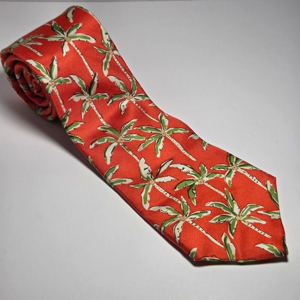 J McLaughlin Salmon Orange 100% Silk Neck Tie Palm Tree Tropical Print Resort